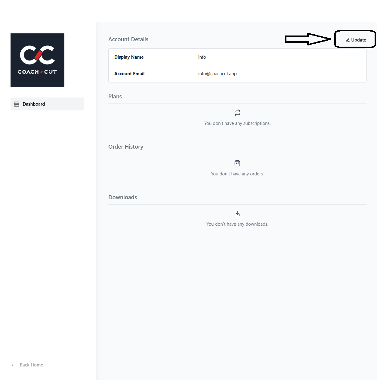 CoachCut account details section